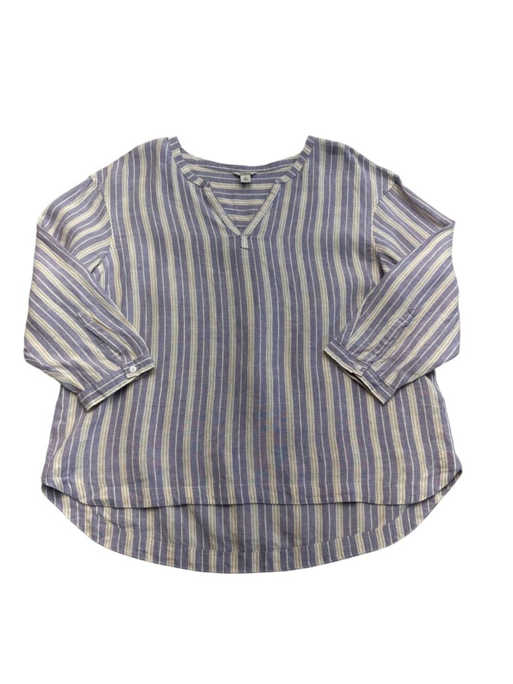 LL Bean Womens Washable Linen Shirt Split Neck Striped Size XL Purple Yellow